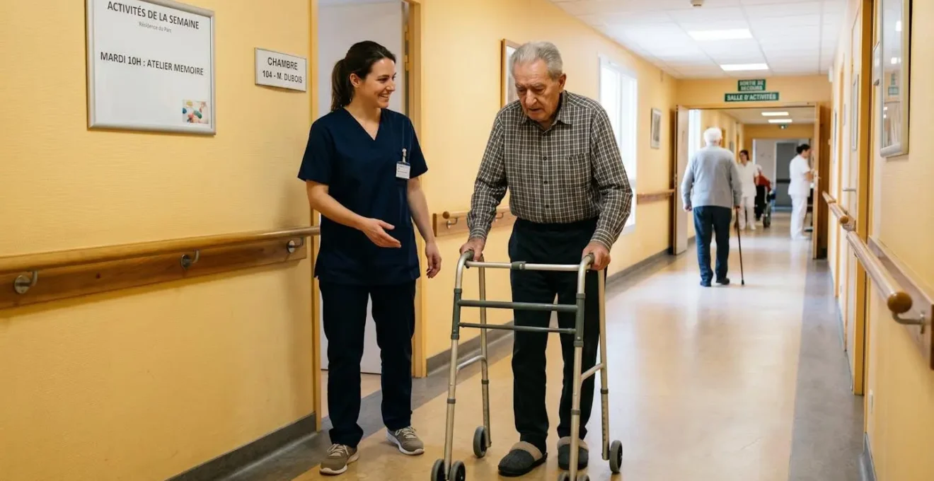 Ergothérapeute accompagnant un résident dans un exercice de mobilité