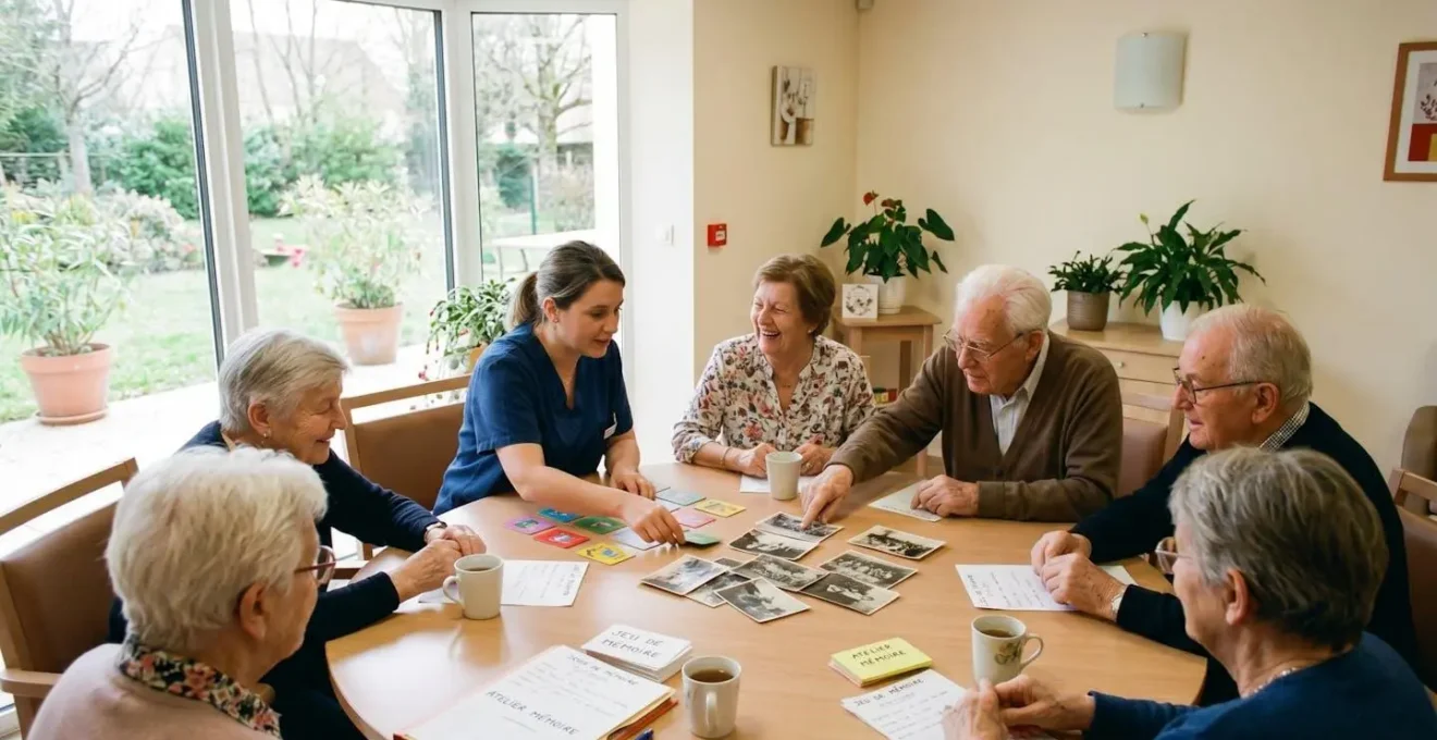 Résidents d'EHPAD participant à un atelier de stimulation cognitive en groupe