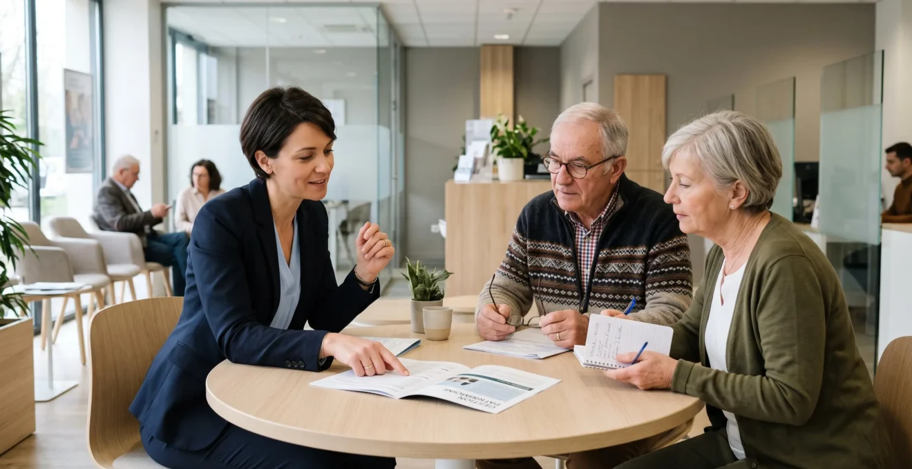 Un conseiller bancaire explique une brochure à un couple de retraités assis à une table dans une agence lumineuse.