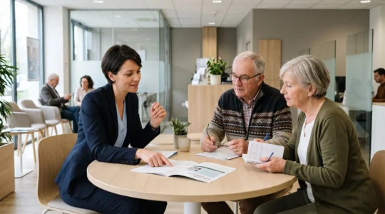 Un conseiller bancaire explique une brochure à un couple de retraités assis à une table dans une agence lumineuse.