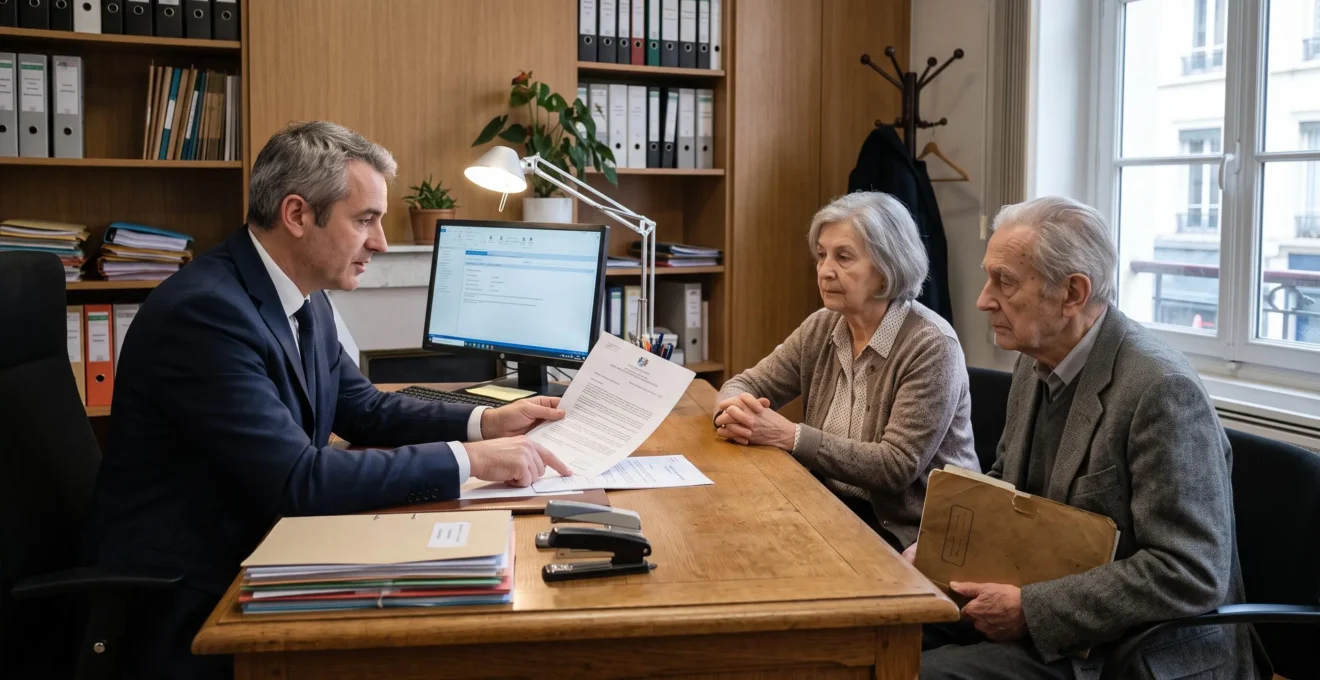 Un notaire explique un document successoral à un couple âgé assis en face de son bureau dans une étude.