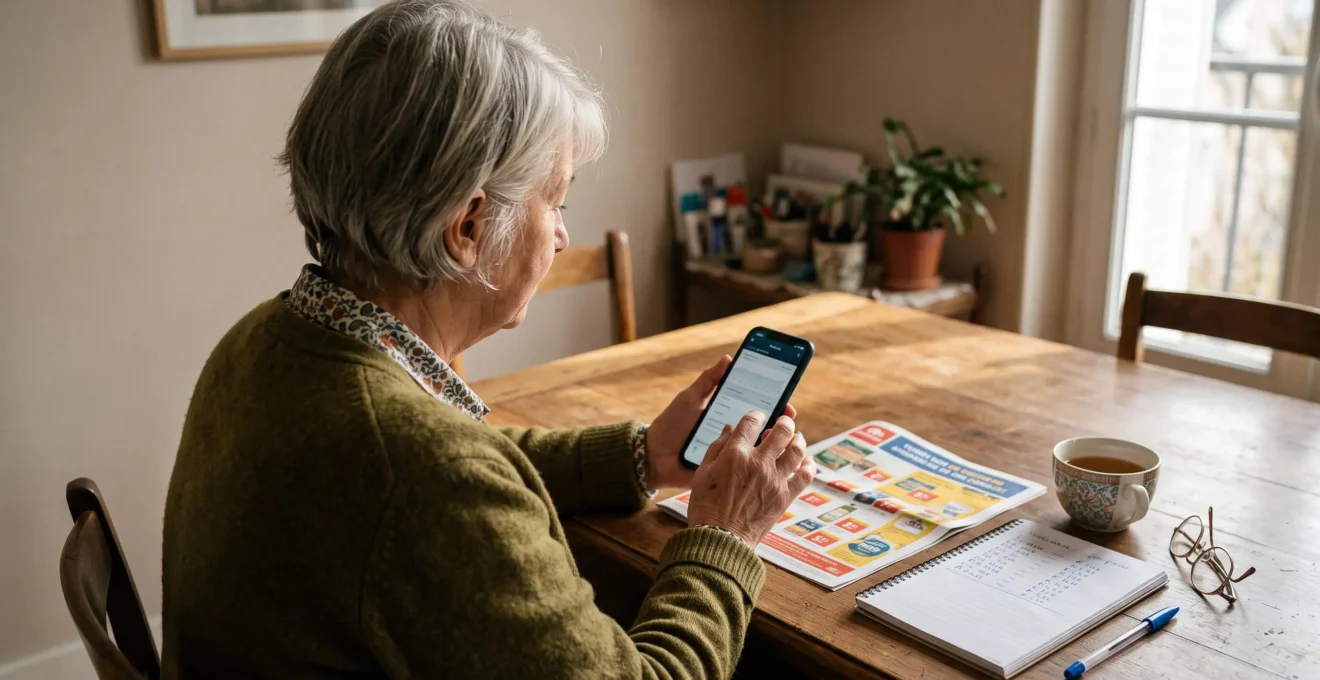 Une retraitée compare sur son smartphone une application bancaire avec une brochure tarifaire et une liste manuscrite posées sur sa table.