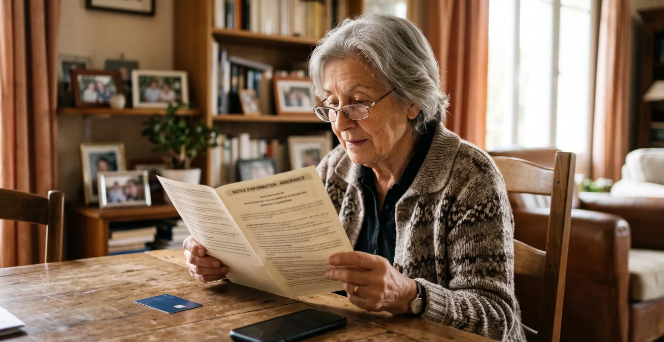 Retraitée comparant une carte bancaire et une notice d'assurance